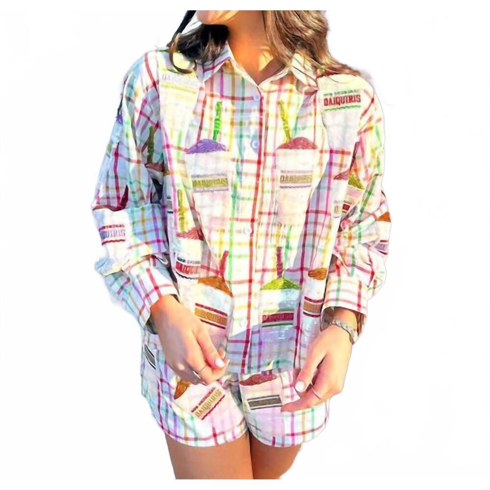 NEW QUEEN OF SPARKLES daiquiri cotton button up long sleeve blouse in rainbow pl